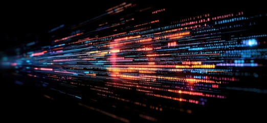 Poster - Digital data stream visualization with vibrant colors and dynamic motion effects, representing technology, speed, and information flow, copy space for text