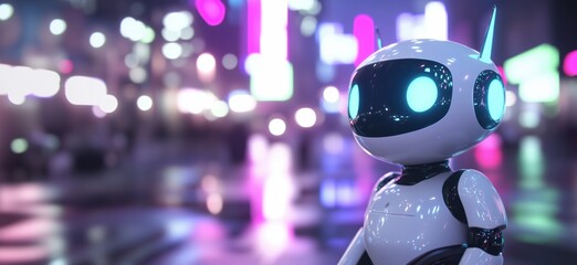 Poster - Futuristic robot character in neon-lit urban environment, showcasing advanced design and technology, vibrant colors, and a lively atmosphere, copy space for text