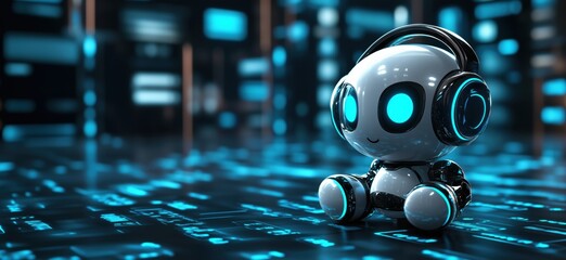 Poster - Cute futuristic robot with glowing blue eyes and headphones sitting on a digital matrix background, showcasing advanced technology and robotics, copy space for text