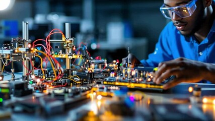 Poster - focused engineer working on complex electronic circuits in a high-tech lab environment