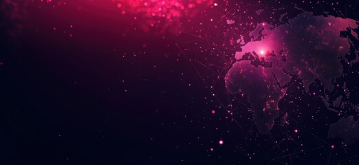 Poster - Digital World Map with Pink and Purple Glow, Abstract Geometric Background, Global Connectivity Concept, copy space for text