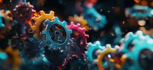 Poster - Colorful interlocking gears in motion, showcasing intricate mechanical design and engineering, vibrant hues of blue, orange, and pink, dynamic background, copy space for text