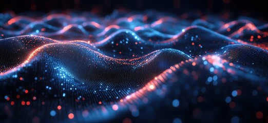 Poster - Abstract digital landscape with glowing waves and particles, showcasing vibrant blue and red colors, creating a mesmerizing visual effect, copy space for text