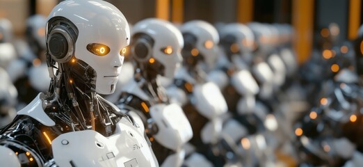 Poster - Futuristic humanoid robots with glowing eyes in a high-tech assembly line environment, showcasing advanced robotics technology and design, copy space for text
