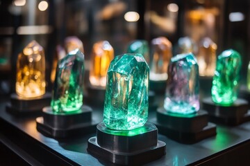 Poster - A cyberpunk jewellery display with glowing neon gemstones and metallic settings, surrounded by futuristic holographic effects