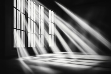 Poster - A flat design of a barred window with light streaming through, drawn in soft grayscale tones