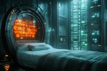 Poster - A futuristic jail cell with glowing holographic bars, sleek metal walls, and a floating bed