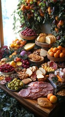 Canvas Print - Buffet table filled with assorted food items and fresh ingredients in a cozy setting