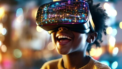 Poster - Child enjoying virtual reality experience in a vibrant environment with colorful lights