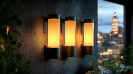 Poster - Three modern wall lights illuminating a dark space.