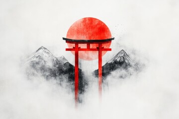 Poster - A minimalist design of a red torii gate with simple black and white mountains in the background