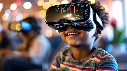 Poster - Child experiences virtual reality in a colorful, lively environment with friends