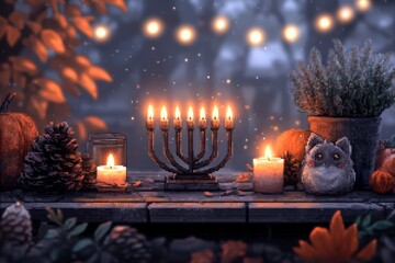 Poster - A pixel art menorah with flickering animated candles, set on a table with festive decorations in a retro style