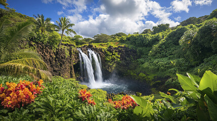 Sticker - breathtaking tropical landscape with cascading waterfall surrounded by lush greenery and vibrant