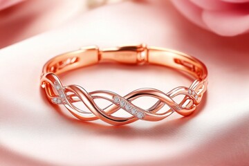 Poster - A rose gold bracelet with an intricate infinity design, placed on a soft pink satin background