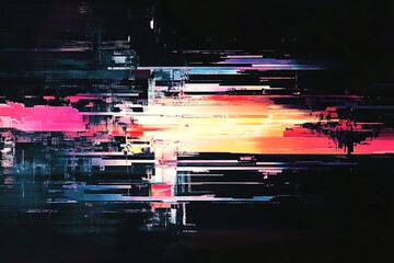 Poster - Abstract glitch art with vibrant horizontal stripes and dark background. (1)