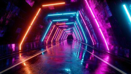 Wall Mural - an abstract modern tunnel with bright glowing neon lights
