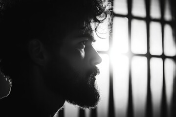 Poster - A silhouette of a prisoner behind bars, with a single ray of light cutting through the darkness