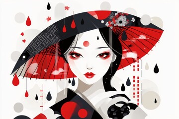 Poster - A simple geometric design of a Japanese girl holding an umbrella, surrounded by falling raindrops