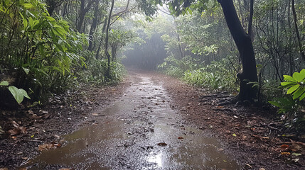 Sticker - serene forest path surrounded by mist and lush greenery, inviting exploration