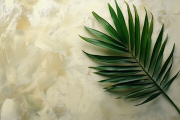 Poster - Green palm leaf placed on textured background showcasing natural beauty and simplicity