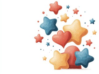 Wall Mural - A colorful arrangement of stars and hearts in various sizes, featuring red, blue, and yellow hues, creating a playful and festive atmosphere.