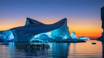 Wall Mural - A group of penguins are standing on a large iceberg in the ocean. The iceberg is illuminated by the setting sun, creating a serene and peaceful atmosphere