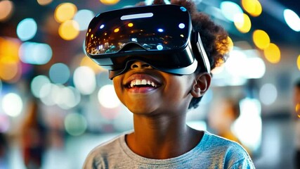 Poster - Child experiencing virtual reality in an urban setting with bright lights and joyful expression