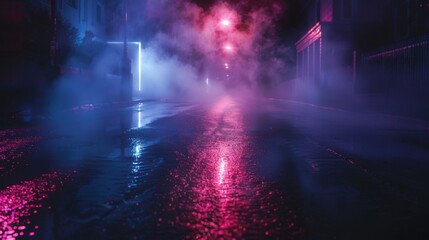 Poster - wet asphalt, reflection of neon lights, a searchlight, smoke. abstract light in a dark empty street 