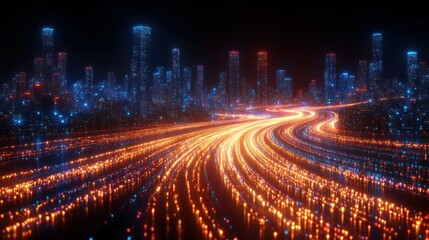 Poster - Futuristic cityscape with glowing light trails.