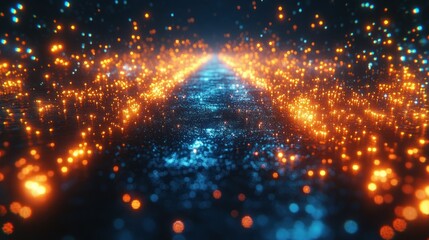 Poster - A vibrant pathway of glowing particles and reflections.