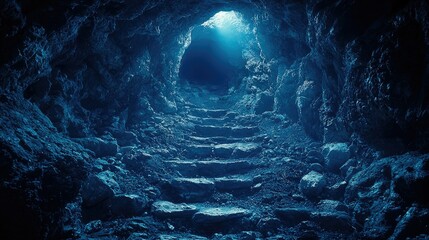 Poster - Dark cave with stone stairs leading to light.
