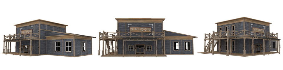 Poster - Old wild west saloon building with wooden steps leading to balcony. Isolated 3D rendering illustration.
