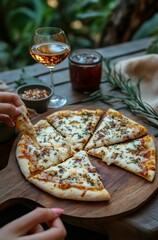 Sticker - Enjoying fresh pizza and wine at an outdoor dining setting surrounded by greenery