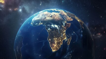 Poster - world map from space highlighting african continent, concept of satellite communication and technolo