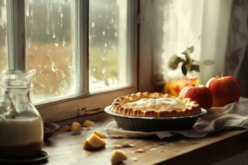 Wall Mural - Delicious Apple Pie on Windowsill Autumn Baking