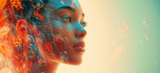 Poster - Futuristic portrait of a woman with digital art elements, vibrant colors, and abstract textures, showcasing beauty and technology fusion, copy space for text
