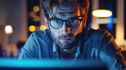 Fototapete - Focused young man wearing glasses sits at a desk, staring at his computer screen in a softly lit room. Colorful lights create a vibrant atmosphere as he works late at night.