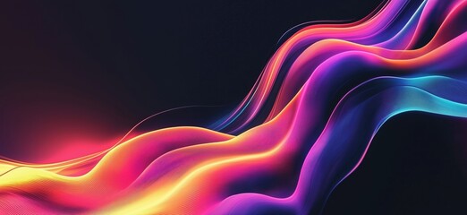 Poster - Vibrant abstract waves in neon colors creating dynamic flow and energy, showcasing smooth gradients and luminous patterns against a dark background, copy space for text