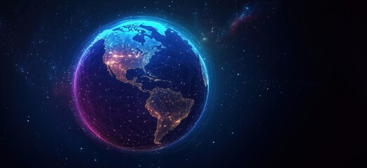 Poster - Glowing Earth with Network Connections and Stars in Space, Depicting Global Connectivity and Technology, copy space for text
