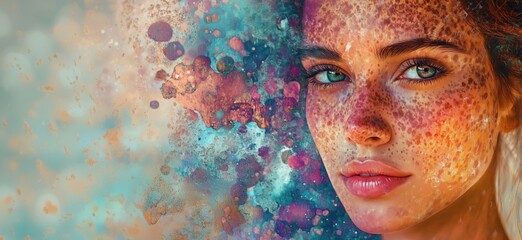 Poster - Vibrant portrait of a woman with freckles and colorful abstract background showcasing beauty and artistic expression, copy space for text