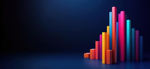 Poster - Colorful 3D Bar Graph Representing Data Visualization, Growth, and Analysis with Vibrant Colors on Dark Background, copy space for text