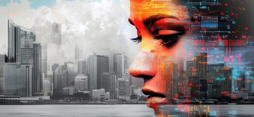 Poster - Futuristic cityscape with digital overlay of a woman's profile, blending technology and urban life, showcasing innovation and modernity, copy space for text