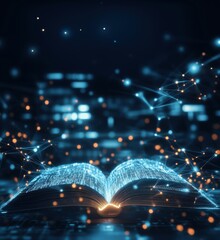 Poster - digital book with glowing data connections and abstract background representing knowledge and techno