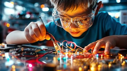 Poster - Young boy experimenting with electronics in a well-lit workshop setting