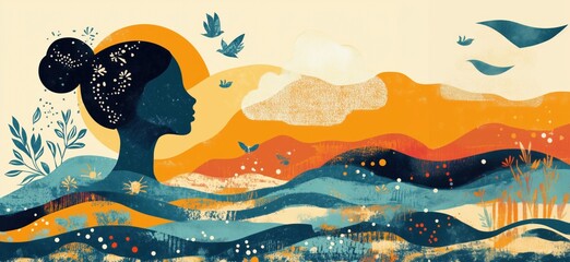 Poster - Silhouette of Woman Against Vibrant Landscape with Mountains, Birds, and Abstract Nature Elements, copy space for text