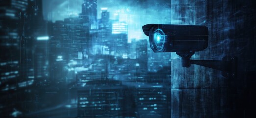 Poster - surveillance camera overlooking cityscape with digital overlay and blue tones, representing security