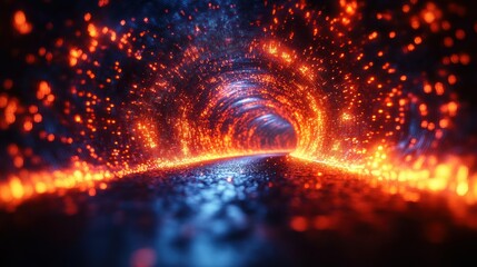 Poster - A glowing tunnel with particles and a reflective surface.