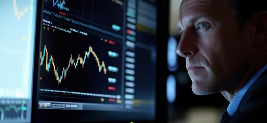 Poster - Stock market analysis with focused trader observing financial charts and data on multiple screens, copy space for text