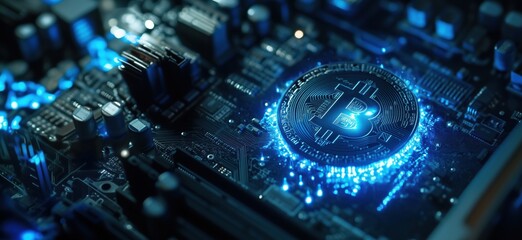 Poster - Bitcoin cryptocurrency symbol illuminated on computer motherboard, showcasing digital technology and blockchain innovation, copy space for text